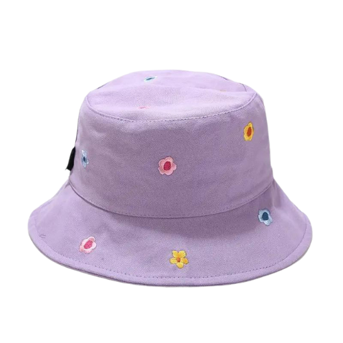 Purple Flower Embroidery Bucket Hat