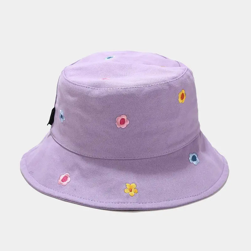 Purple Flower Embroidery Bucket Hat
