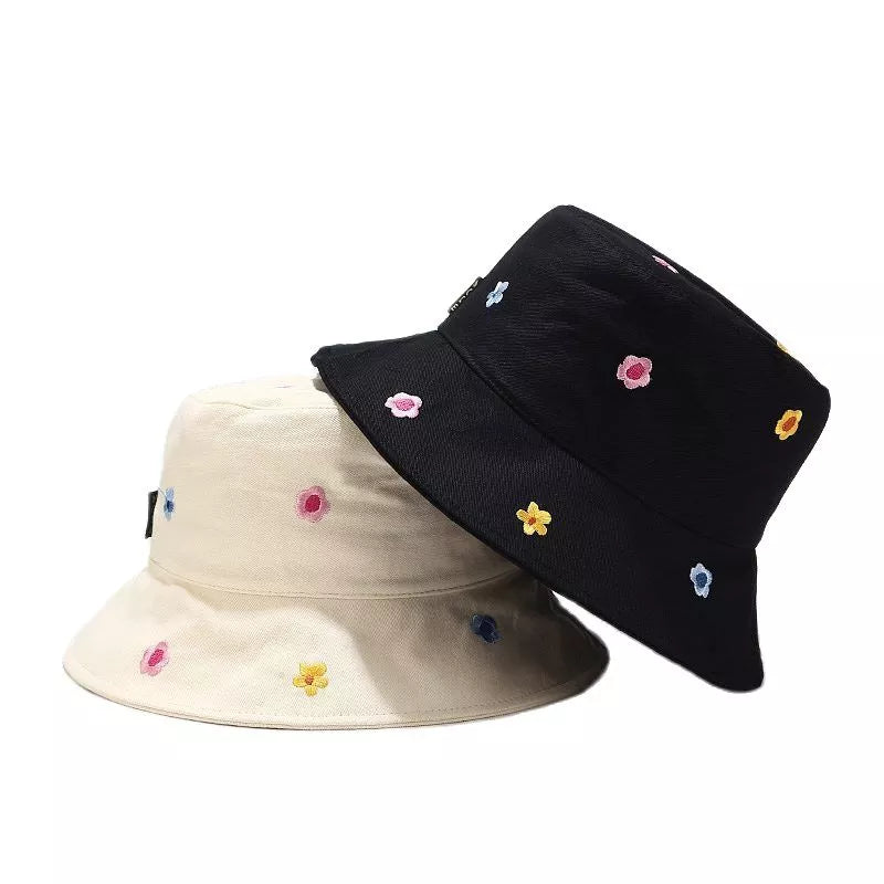 Beige Flower Embroidery Bucket Hat